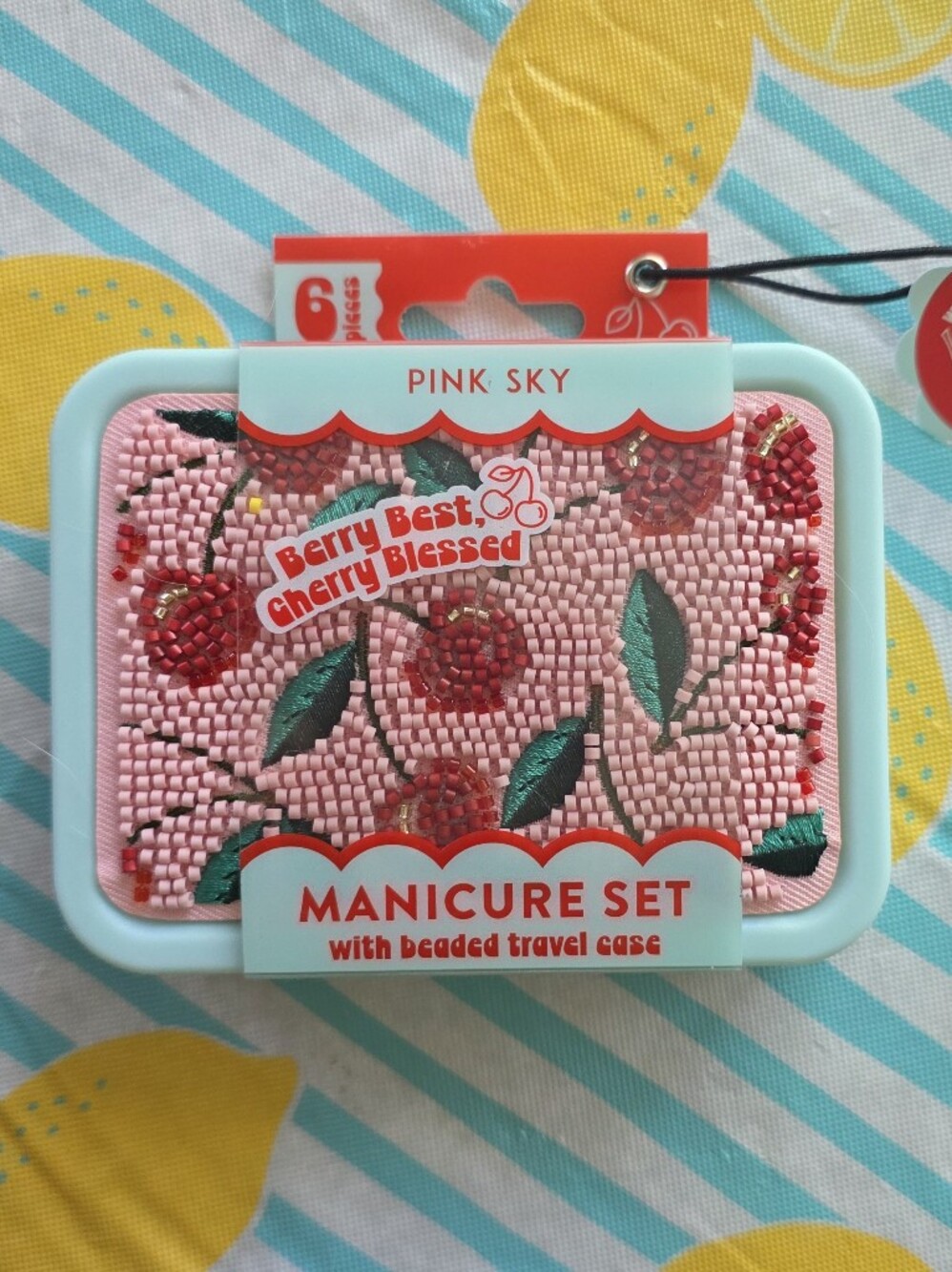 Beaded Cherry Adorable Pink Manicure Set. Perfect For The Beaded Bag Collector